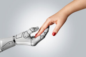 robot and woman holding hands