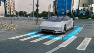 self-driving car at crosswalk