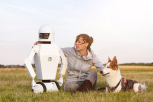 woman, dog, and robot in field