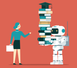 woman with robot carrying books