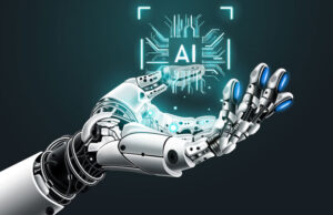 ai robot hand holding microchip hologram