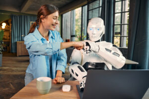 robot and woman working